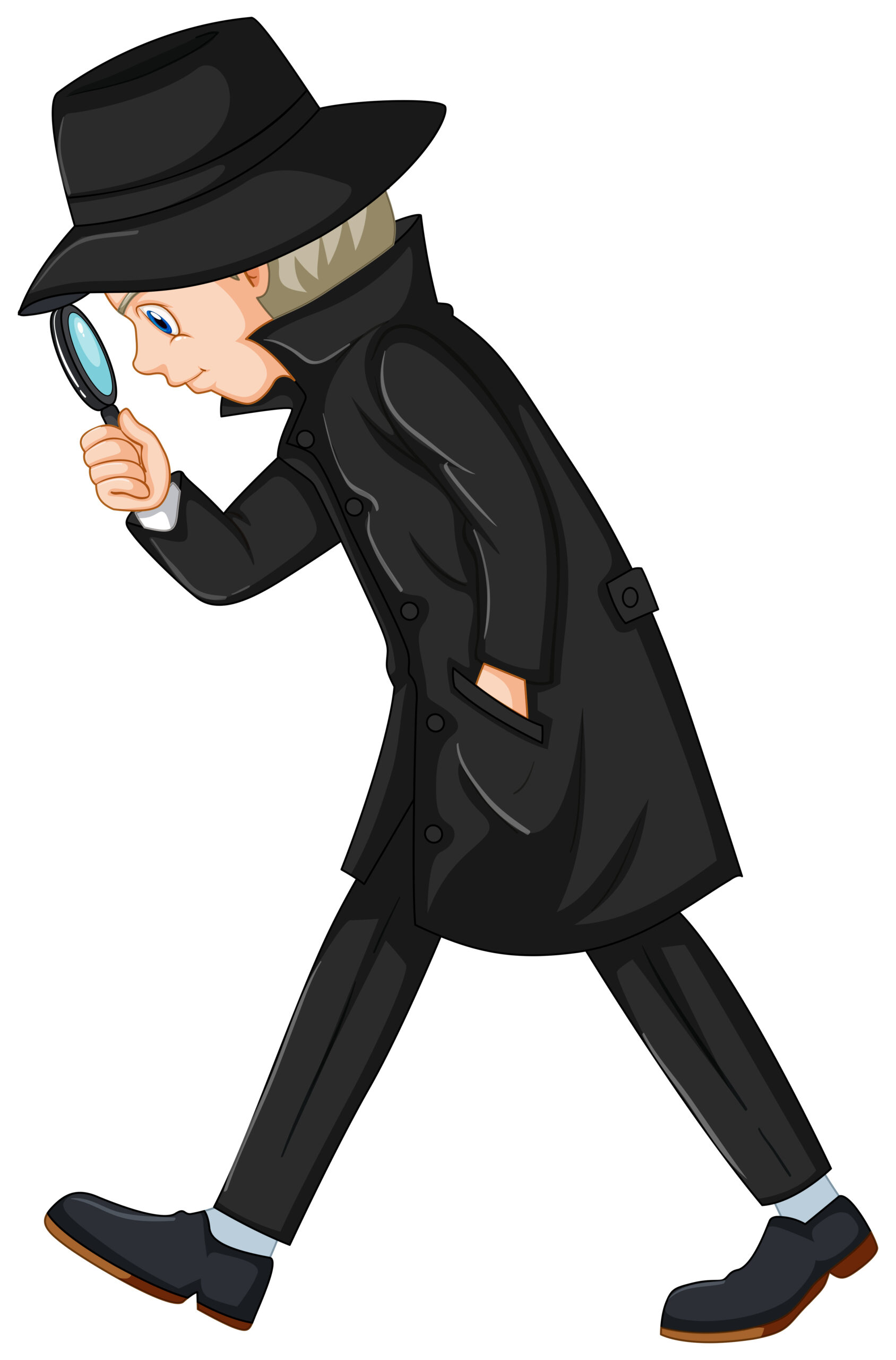 Detective in black overcoat holding magnifying glass illustration